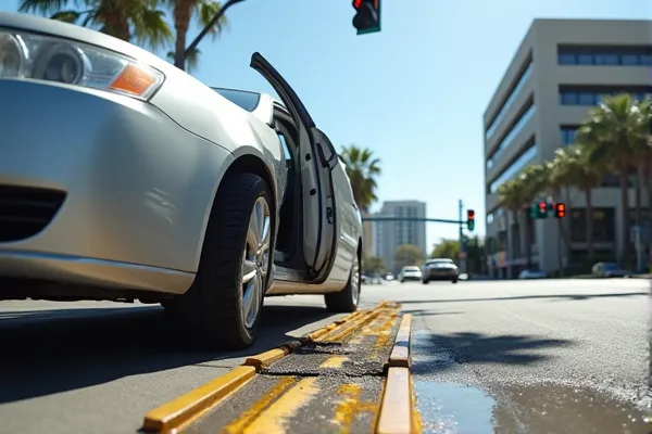 A car with the drivers door ripped off during an accident in San Diego County.