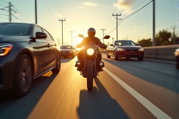 A view looking back as a motorcycle is splitting lanes on the I5 in San Diego.