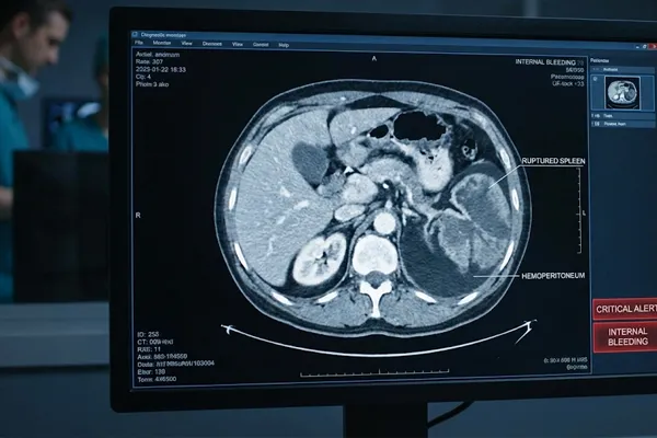 Abdominal MRI scan showing internal bleeding and a ruptured spleen from blunt force trauma.