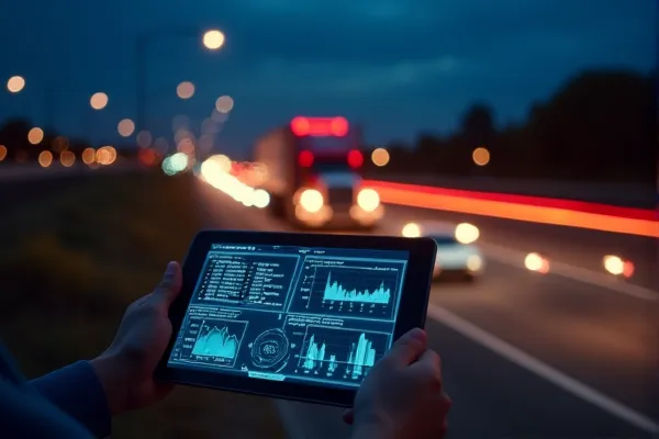 Motion blured image of semi trucks traveling down the congested I-5 freeway at dusk