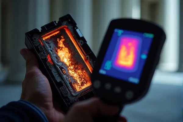 Charred e-bike battery and melted frame at a San Diego residence, used as evidence of a lithium-ion thermal runaway event.