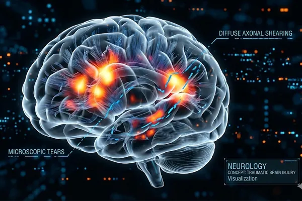 Diffusion Tensor Imaging (DTI) visualization showing diffuse axonal shearing in a Traumatic Brain Injury.