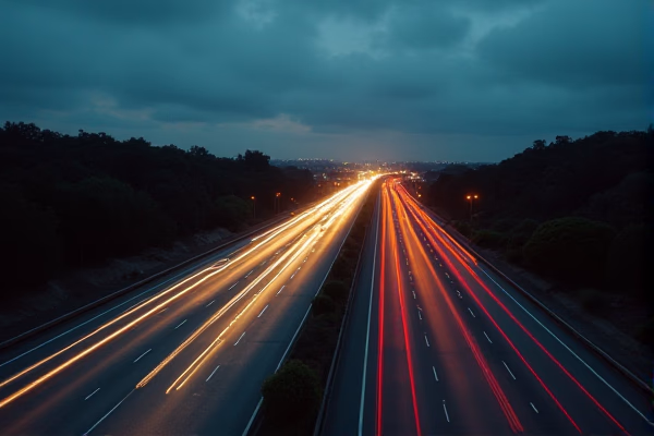Slow exposure image of the I 805 Freeway in San Diego at dusk with a cloudy sky.