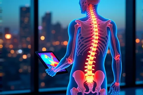 High Tech imagery of a Spinal Cord Injury while the man looks at a tablet.