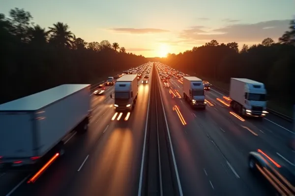 San Diego freeway corridor with commercial truck traffic and motion blur