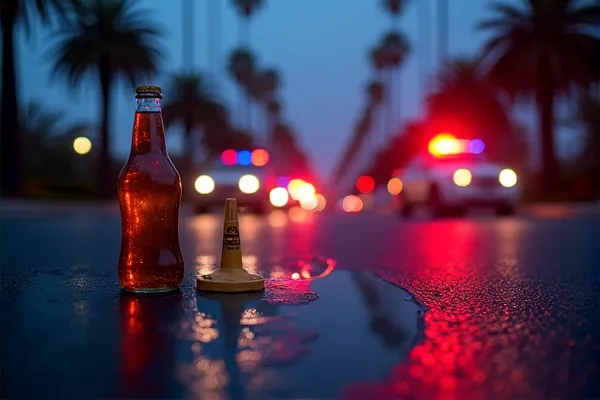 Two police cars involved with stopping a DUI in progress with beer bottles on the roadway.