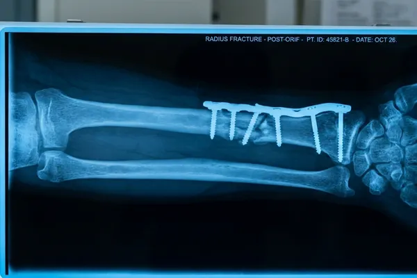 X-ray showing Open Reduction Internal Fixation (ORIF) with plates and screws for a broken arm.