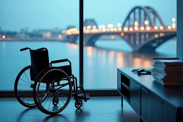 A wheel chair sitting near a window looking at a bridge crossing the harbor.