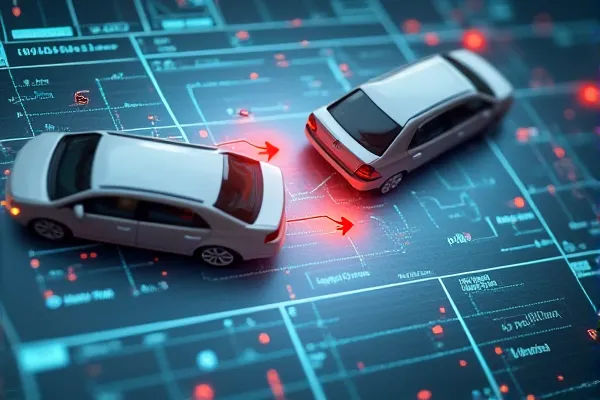 Accident reconstruction diagram showing shared fault between a speeding driver and a vehicle making an illegal turn.