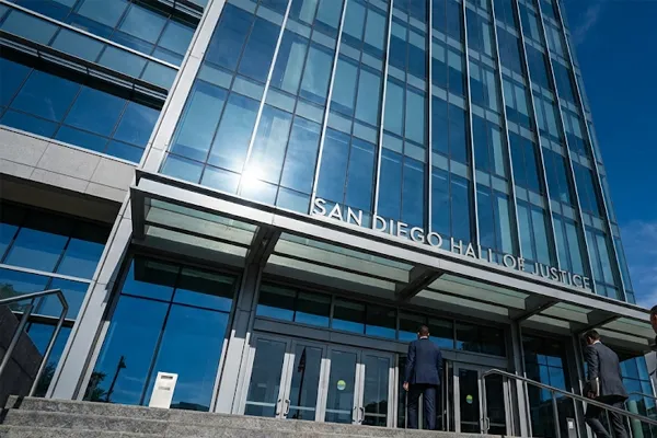 Exterior of the San Diego Hall of Justice downtown courthouse.