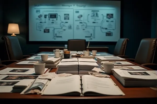 Legal team preparing evidence and trial binders for court.