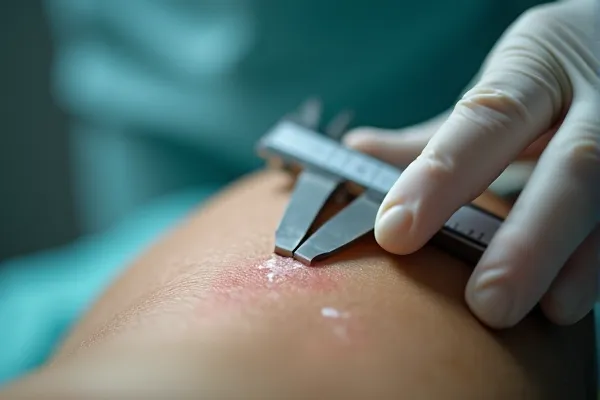 Plastic surgeon measuring a facial scar to calculate future revision surgery costs for a settlement.