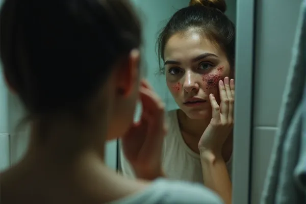 Victim of facial scarring experiencing emotional distress and loss of self-confidence.