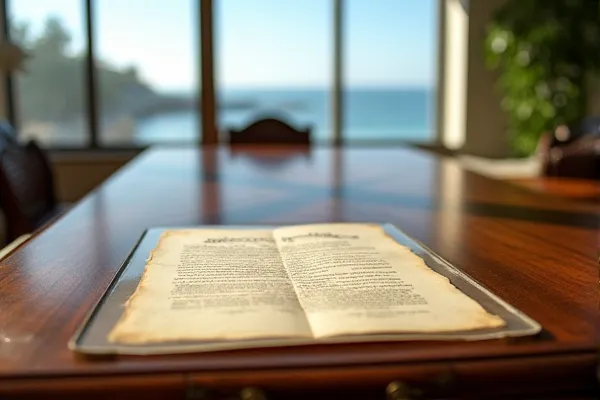 An older document is preserved within a new protective frame, set against a backdrop of coastal clarity.