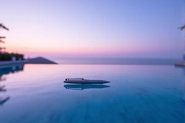 A clear reflection of a modern structure appears on a transparent surface, suggesting a state of perfect liquid equilibrium and clarity.