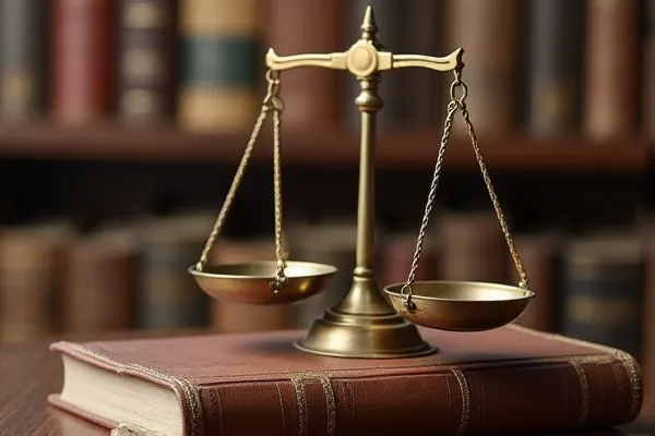 Polished metal scales rest in perfect equilibrium atop a foundational book, suggesting a state of unwavering stability.