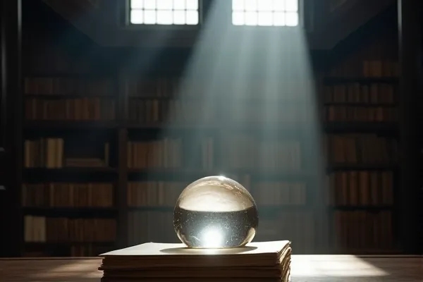 Two separate light sources meet to illuminate a single clear vessel atop a collection of established records, creating a moment of unified focus.