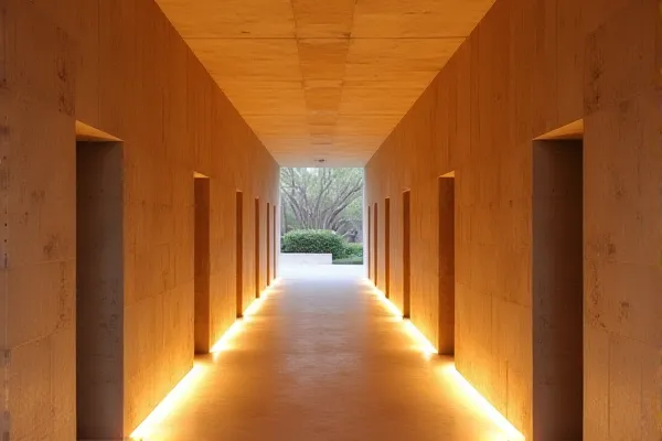 A sequence of graduated light sources sits in perfect alignment along a solid stone corridor, creating a sense of unwavering and orderly progression.
