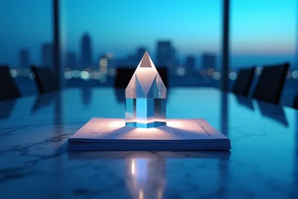 A clear crystal element gathers the fading evening light and projects a single ray across a collection of orderly documents in a quiet room.