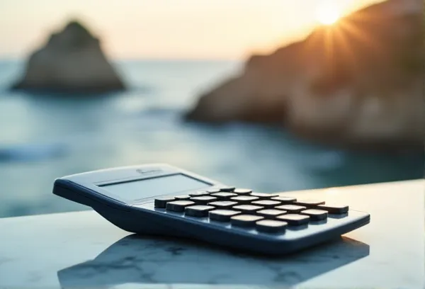 Close-up of tax planning documents and a fountain pen on a desk with a blurred view of La Jolla Cove, representing precision in advanced trust structuring.