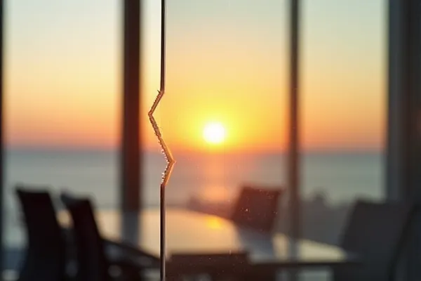 A subtle line marks a shift in a clear surface as the warm light of a fading day passes through it.