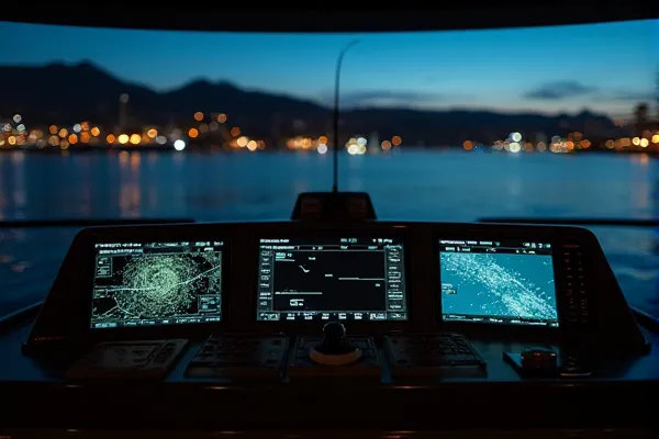 Precise digital displays provide steady guidance within a dark, quiet interior overlooking a tranquil evening harbor.