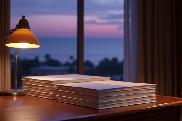 A collection of perfectly aligned documents rests in a space of quiet transition, overlooking a steady horizon.