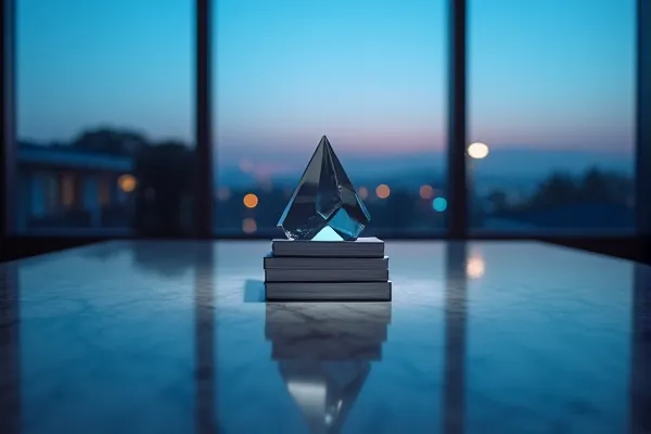 A clear crystal element gathers the fading evening light and projects a single ray across a collection of orderly documents in a quiet room.