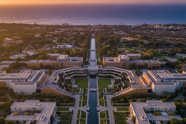 Aerial view of the manicured geometric landscapes of a Rancho Santa Fe estate at golden hour, representing the scale and stability of high-net-worth trust architecture.