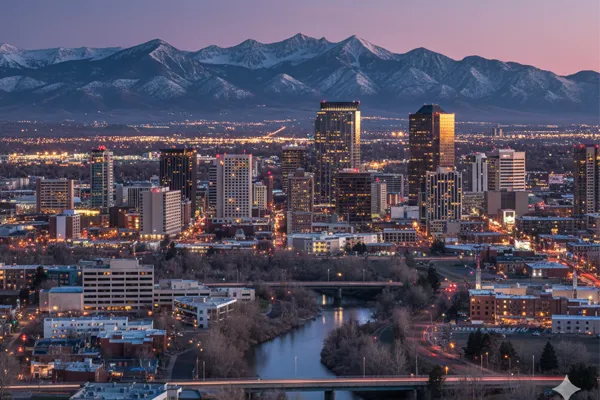 Professional landscape photography of the Reno Nevada skyline and Truckee River at blue hour with the snow-capped Sierra Nevada mountains in the background.