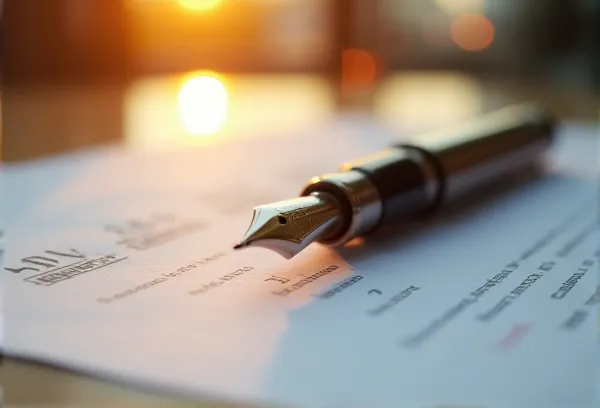 A classic fountain pen resting on business legal documents with a blurred view of Point Loma, representing family business legacy and legal lineage.