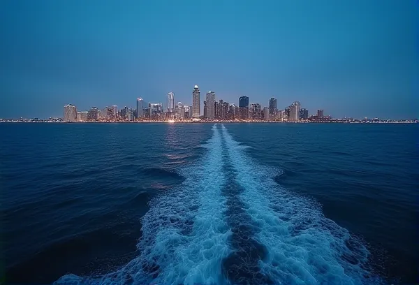 Ocean interpretation in a San Diego harbor leading toward the skyline at sunset, representing the shared legacy and synchronized estate planning for spouses.