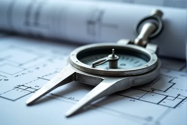 A silver guiding tool rests firmly on a foundation of detailed plans, suggesting a sense of direction and structural integrity.