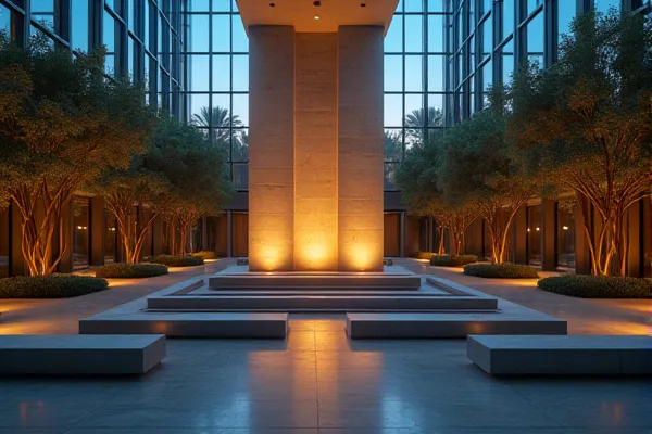 A singular stone column stands as a central point of stability, surrounded by orderly elements under the soft glow of evening.