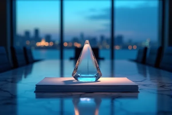 A clear crystal element gathers the fading evening light and projects a single ray across a collection of orderly documents in a quiet room.